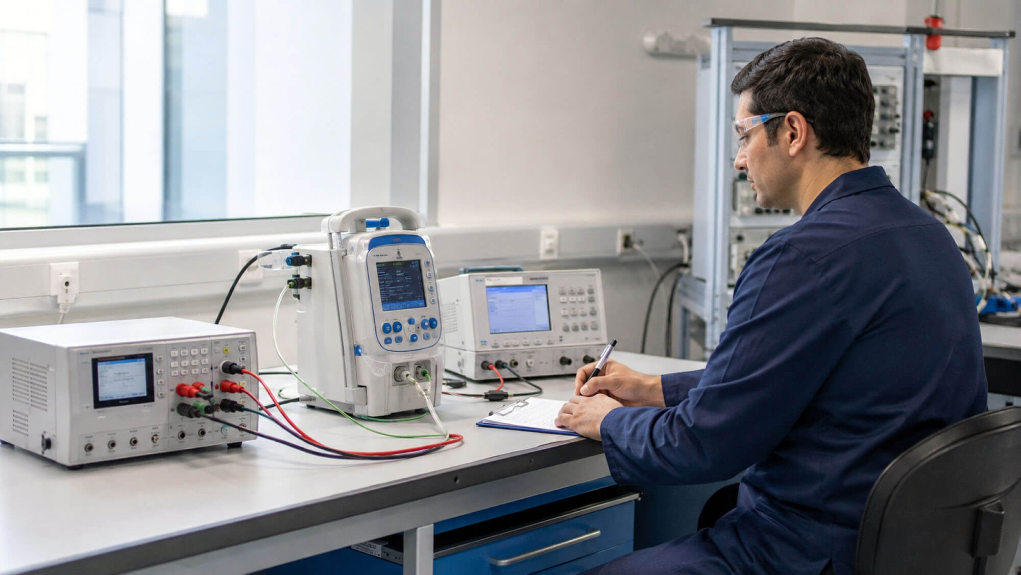 Test engineer evaluating a medical electrical device using safety analysis equipment in a modern laboratory.